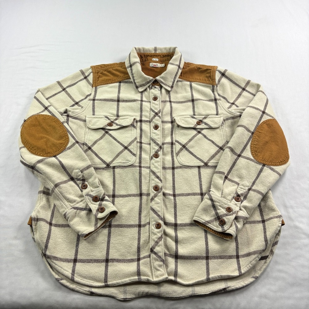 Faherty Flannel Shirt Womens XL Beige Plaid Daly Button Up Elbow Patch Huckberry